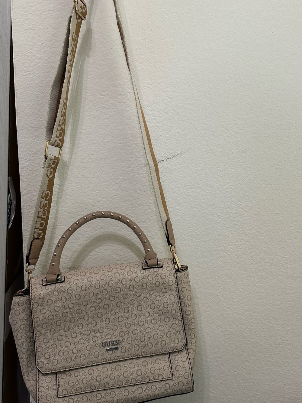 GUESS Beige Monogram Satchel with Removable Logo Strap